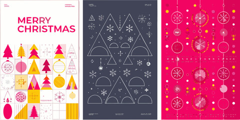 Modern merry christmas greeting card with abstract geometric trees and festive ornaments in pink yellow and blue