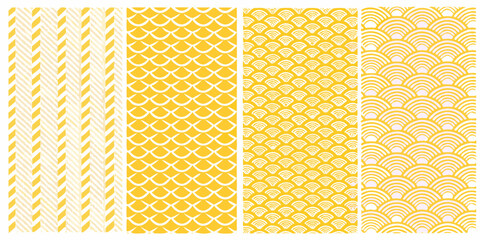 Collection of four seamless yellow and white abstract geometric patterns and textures