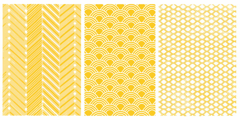 Three yellow and white geometric patterns featuring chevron scallop and lattice designs