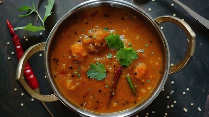 Sambar Masala, a traditional Indian spice blend with coriander, cumin, mustard, curry, fenugreek, turmeric, chili, pepper, and cardamom in a glass jar on a wooden kitchen countertop for authentic cook