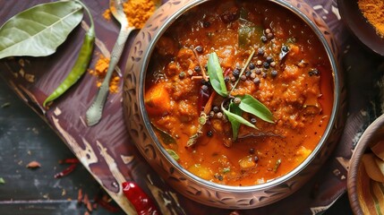 Sambar Masala, a traditional Indian spice blend with coriander, cumin, mustard, curry, fenugreek, turmeric, chili, pepper, and cardamom in a glass jar on a wooden kitchen countertop for authentic cook