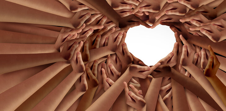 United and together as Unity and diversity partnership as heart hands in a group of people connected shaped as a support symbol expressing the feeling of equality respect and teamwork or togetherness. - Powered by Adobe