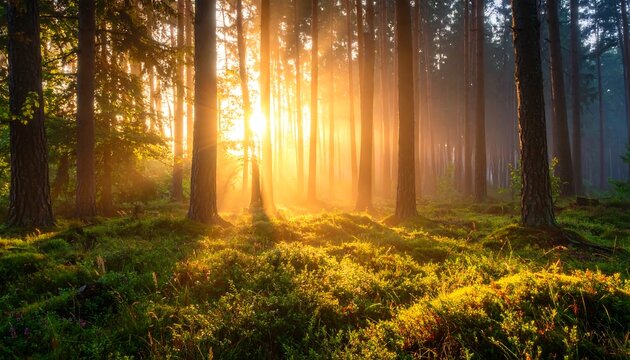 A vibrant sunrise casts golden rays through a tranquil forest, illuminating the trees and lush undergrowth