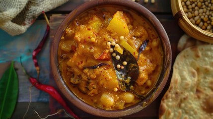 Sambar Masala, a traditional Indian spice blend with coriander, cumin, mustard, curry, fenugreek, turmeric, chili, pepper, and cardamom in a glass jar on a wooden kitchen countertop for authentic cook
