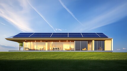 Contemporary house exterior with solar panels and bright green lawn