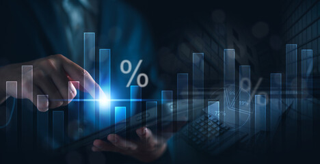 Business, finance and investment concept. Business man analyzing and calculating tax, interest rate, financial data with economic graph growth chart, strategy and budget planning. banner.