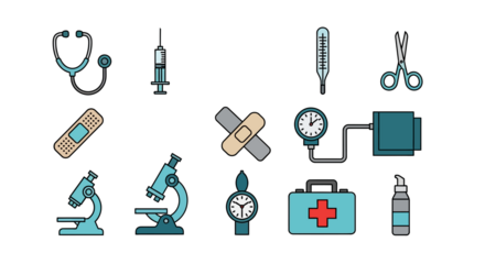 A collection of various medical and healthcare equipment icons including a stethoscope, syringe, thermometer, bandages, microscope, and first aid kit on a white background.