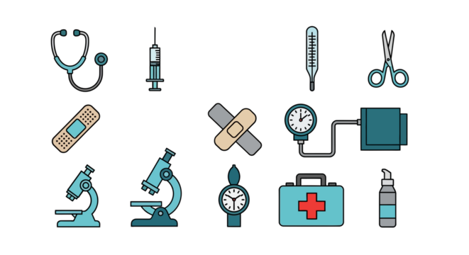 A collection of various medical and healthcare equipment icons including a stethoscope, syringe, thermometer, bandages, microscope, and first aid kit on a white background.