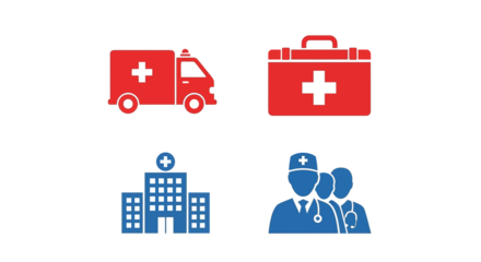 Set of four healthcare and medical service icons including ambulance, first aid kit, hospital, and doctors.