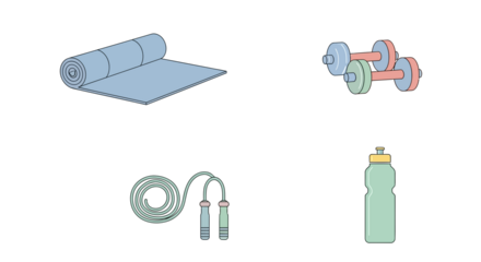 A collection of essential fitness and workout equipment including a yoga mat, dumbbells, a jump rope, and a water bottle.
