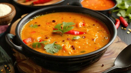 Sambar Masala, a traditional Indian spice blend with coriander, cumin, mustard, curry, fenugreek, turmeric, chili, pepper, and cardamom in a glass jar on a wooden kitchen countertop for authentic cook
