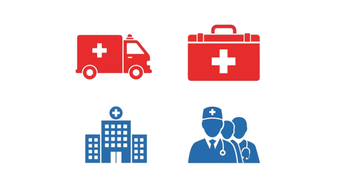 Set of four healthcare and medical service icons including ambulance, first aid kit, hospital, and doctors.