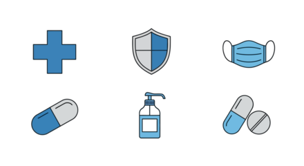 Set of health and medical icons including cross, shield, mask, pills, and hand sanitizer.