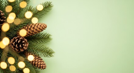 Festive pine branches with natural pinecones and warm glowing Christmas lights on a soft sage green holiday background