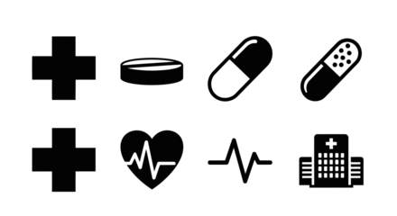A collection of black silhouette icons representing various medical and health-related symbols, including crosses, pills, heart, heartbeat, and a hospital.