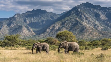 Elephants Roam Near Mountains in a Serene Natural Landscape During Daylight Hours