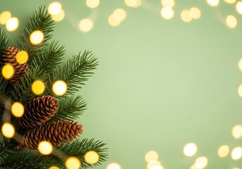 Festive pine branches with natural pinecones and warm glowing Christmas lights on a soft sage green holiday background