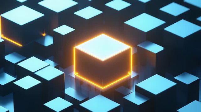 Glowing cube blockchain connection network with data technology