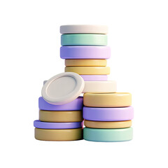 Stacked pastel-colored coins on black background, one askew