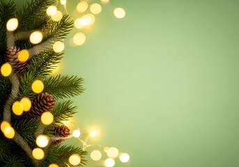 Festive pine branches with natural pinecones and warm glowing Christmas lights on a soft sage green holiday background