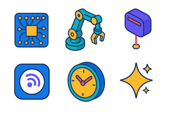 AI Cleaning Icons. AI Cleaning Innovation modern flat icons set: circuit board, robot arm, laser sensor, app icon, schedule clock, sparkle.