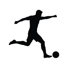 Vector silhouette illustration of a male soccer player athlete in action, kicking a football with a jumping body pose