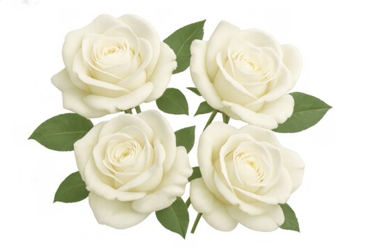 White roses with green leaves creating a delicate floral bouquet arrangement. Transparent background for easy integration
