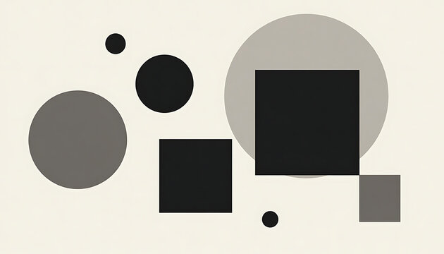 Overlapping gray and black geometric shapes circles and squares on light background
