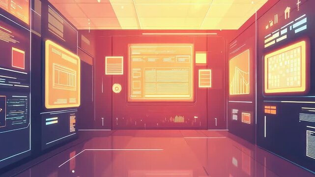 Server room displaying big data and network information