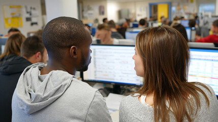 A man and a woman are looking at a computer screen together