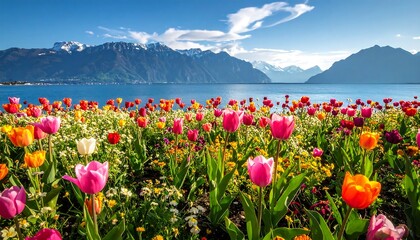 Colorful tulips in bloom with a scenic mountain backdrop.