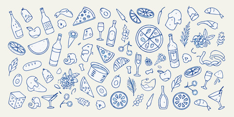 Whimsical hand drawn blue food and drink doodles scattered across a light cream background