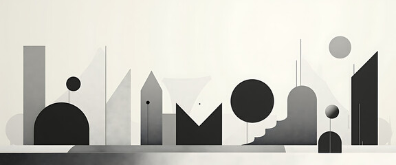 Abstract minimalist landscape with black and gray geometric shapes and lines