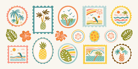 Collection of charming tropical themed postage stamps and decorative elements with palm trees pineapples and flowers © Ranajit