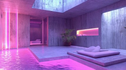 Luxurious brutalist indoor spa pool with neon light