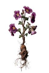 Blooming plant with exposed roots, purple petals, and green leaves