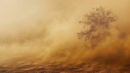 Intense sandstorm sweeping across a vast desert landscape, with swirling dust clouds, strong winds, and hazy sky, capturing the raw power of nature’s arid weather phenomenon