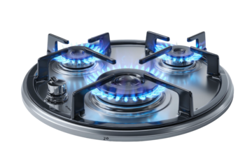 Round stovetop with three burners actively lit, showing blue flames
