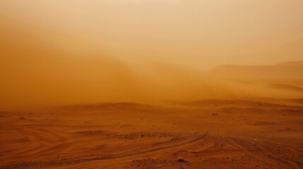 Intense sandstorm sweeping across a vast desert landscape, with swirling dust clouds, strong winds, and hazy sky, capturing the raw power of nature’s arid weather phenomenon