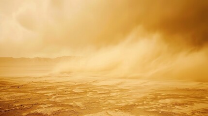 Intense sandstorm sweeping across a vast desert landscape, with swirling dust clouds, strong winds, and hazy sky, capturing the raw power of nature’s arid weather phenomenon