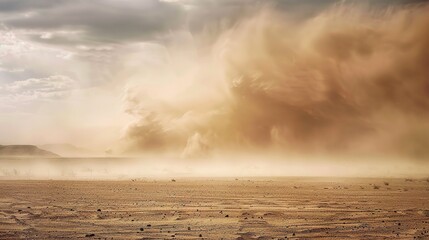 Intense sandstorm sweeping across a vast desert landscape, with swirling dust clouds, strong winds, and hazy sky, capturing the raw power of nature’s arid weather phenomenon