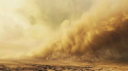 Intense sandstorm sweeping across a vast desert landscape, with swirling dust clouds, strong winds, and hazy sky, capturing the raw power of nature’s arid weather phenomenon
