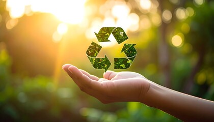 Recycling Symbol Floating Above Hand in Sunny Green Environment.