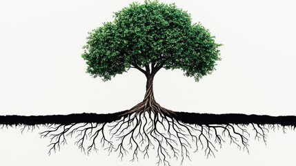 Chronic instability of a twisted tree with exposed roots in an artistic landscape illustration