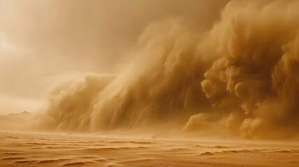 Intense sandstorm sweeping across a vast desert landscape, with swirling dust clouds, strong winds, and hazy sky, capturing the raw power of nature’s arid weather phenomenon
