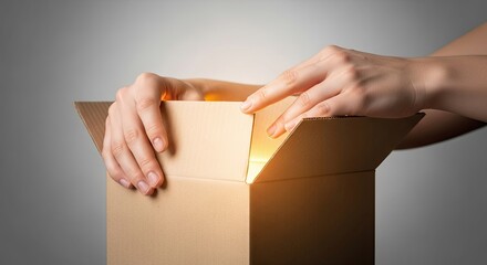 Hands opening a cardboard box revealing a glowing surprise inside