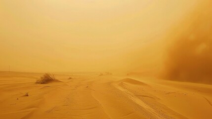 Intense sandstorm sweeping across a vast desert landscape, with swirling dust clouds, strong winds, and hazy sky, capturing the raw power of nature’s arid weather phenomenon