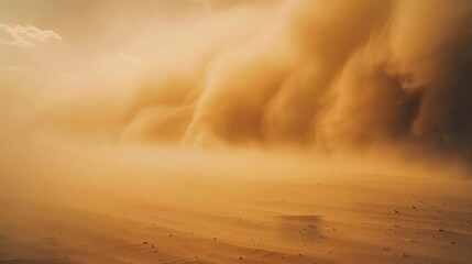 Intense sandstorm sweeping across a vast desert landscape, with swirling dust clouds, strong winds, and hazy sky, capturing the raw power of nature’s arid weather phenomenon