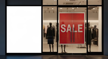 Retail Storefront Display Window with Sale Announcement and Blank Advertisement Space