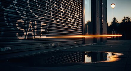Street art spray painted on metal shutter at dusk with light trails
